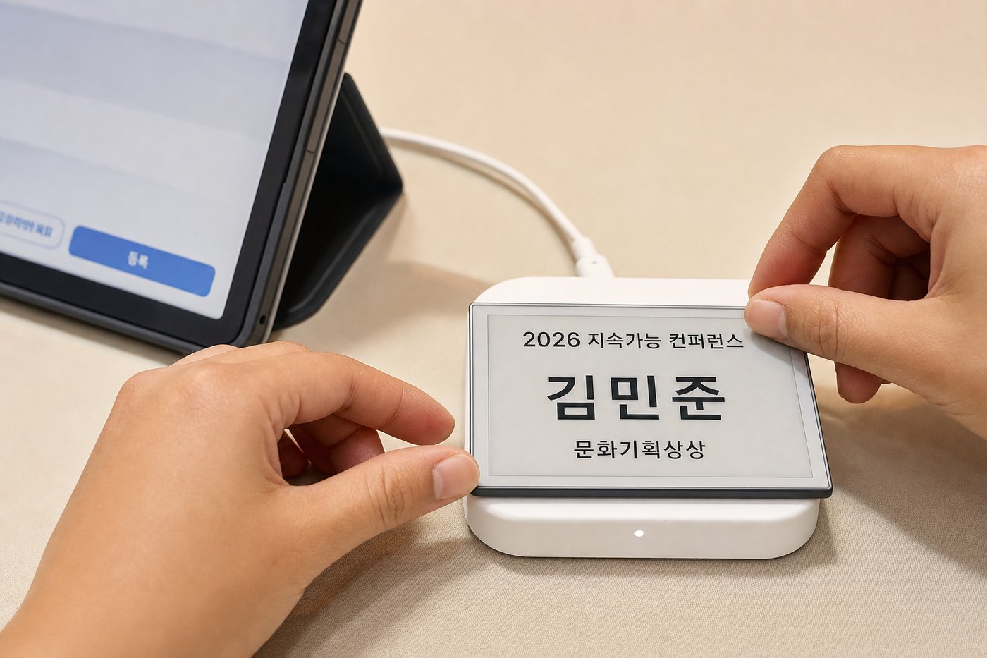 NFC 리더에 e-paper 명찰을 태깅해 발급하는 장면