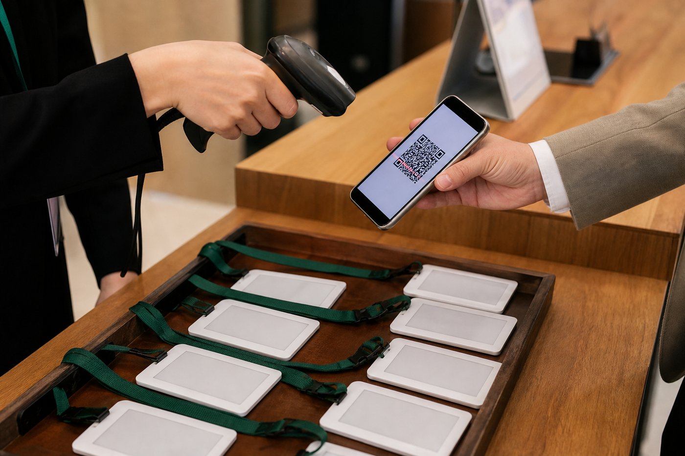 행사 접수대에서 참가자의 QR 코드를 스캔하는 스태프