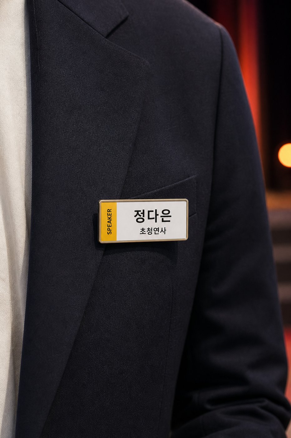 재킷 가슴에 핀·집게로 부착한 2.9인치 컬러 전자 가슴명찰 — 노란 SPEAKER 표시