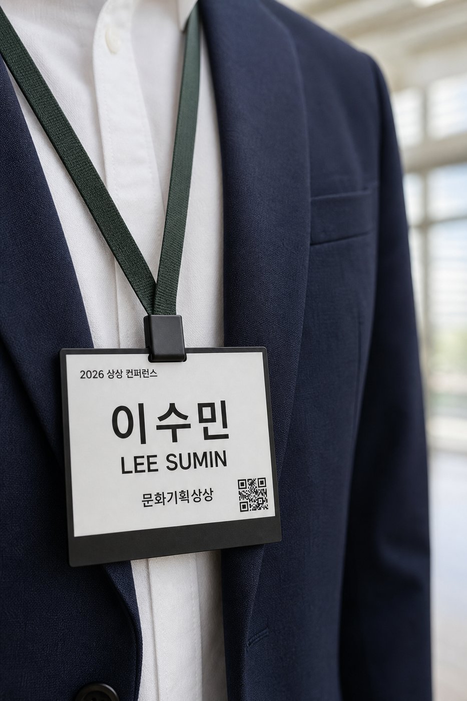 4.2인치 흑백 전자명찰을 착용한 참가자 — 행사명, 소속, 이름이 표시됨