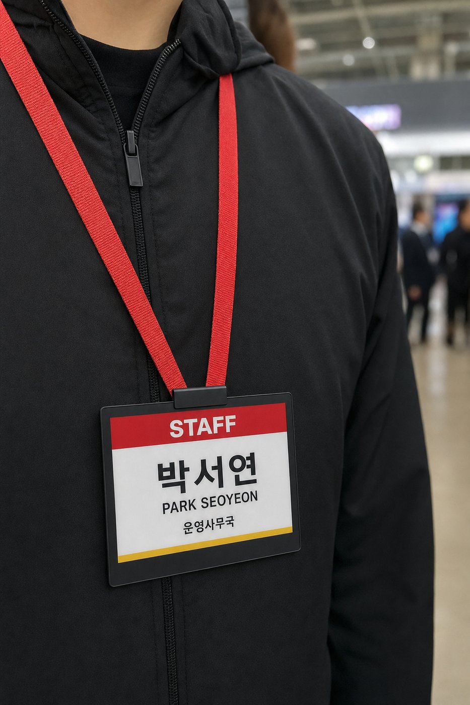 4.2인치 컬러 전자명찰을 착용한 운영 스태프 — 붉은 STAFF 표시